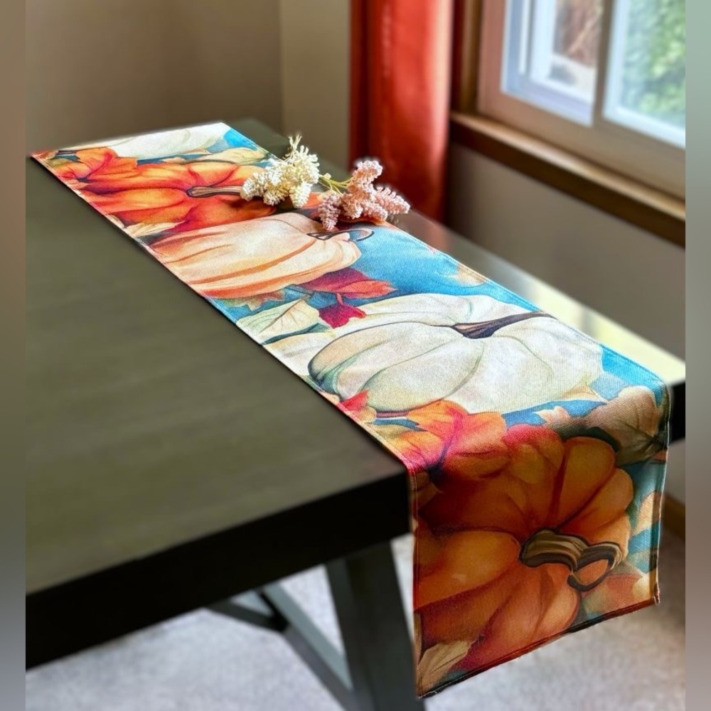 Elegant Colorful Seasonal Fall Autumn Orange White Pumpkins 72" Table Runner New